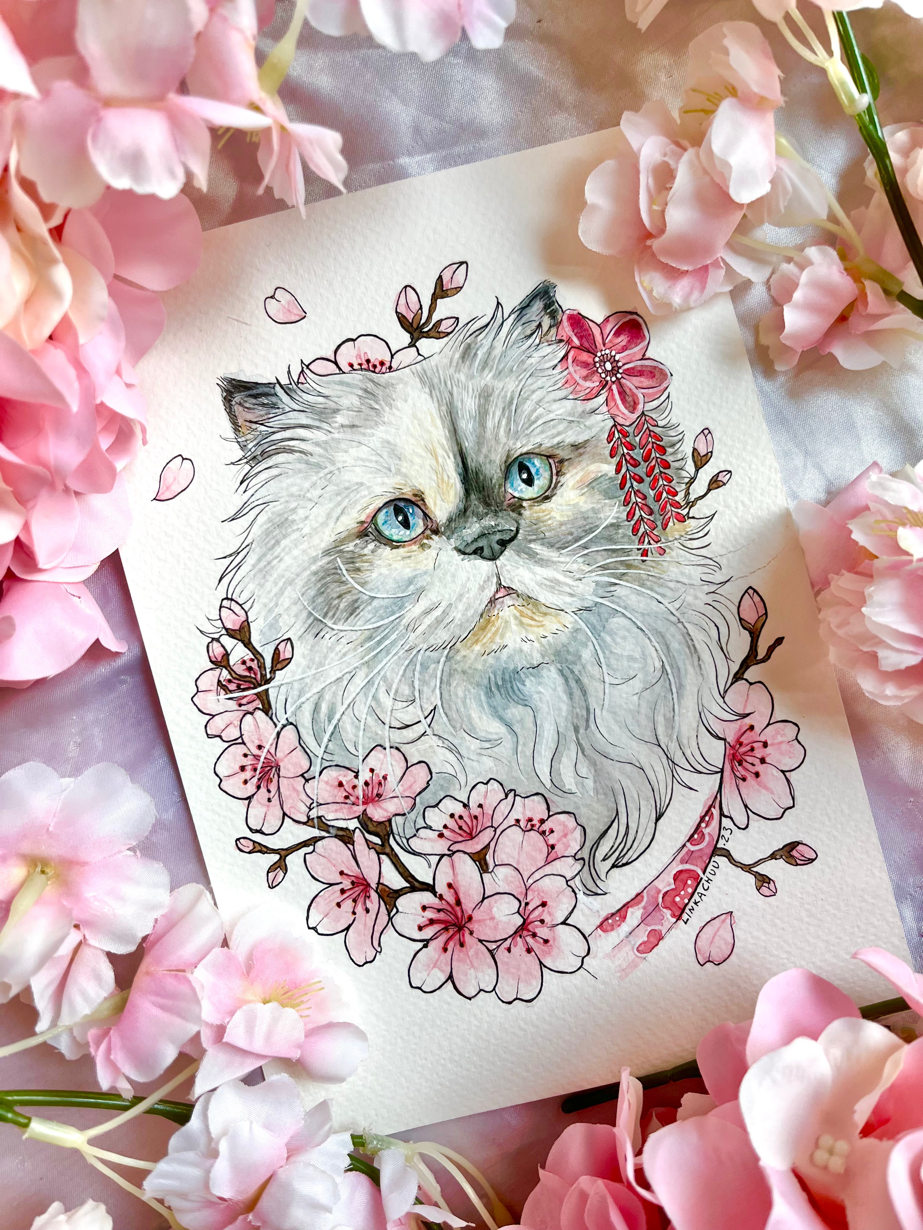 Illustration of a cat with cherry blossoms on a floral background